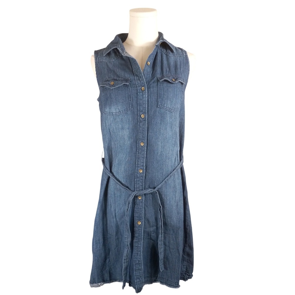 Universal Thread Womens XS Blue Denim Sleeveless Button Down Shirt‎ Dress Belted